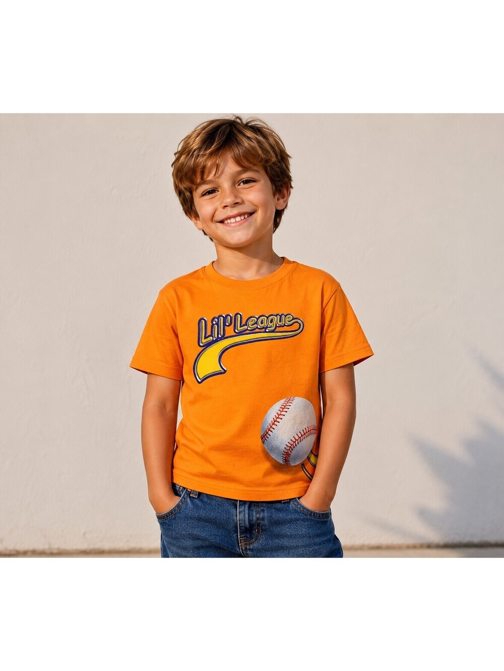 Giant Y2K Lil'League Baseball Graphic T Shirt Kids Youth 7 Orange Sports Tee